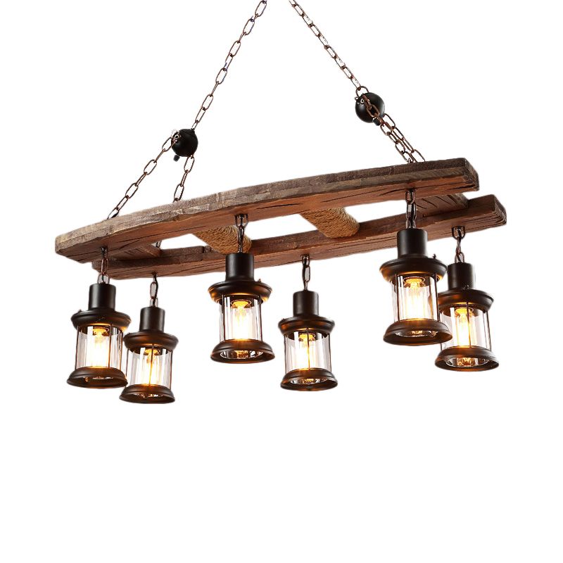 Clear Glass Black Island Pendant Lantern 6-Light Rustic Hanging Light Kit with Wooden Board