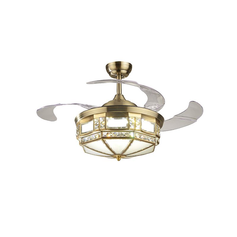 Jurte geformtes Schlafzimmer LED-Lüfter Leichtkit Traditionelle Kristall 3-Blade 42,5 "Breite Messing Halbflush Mount