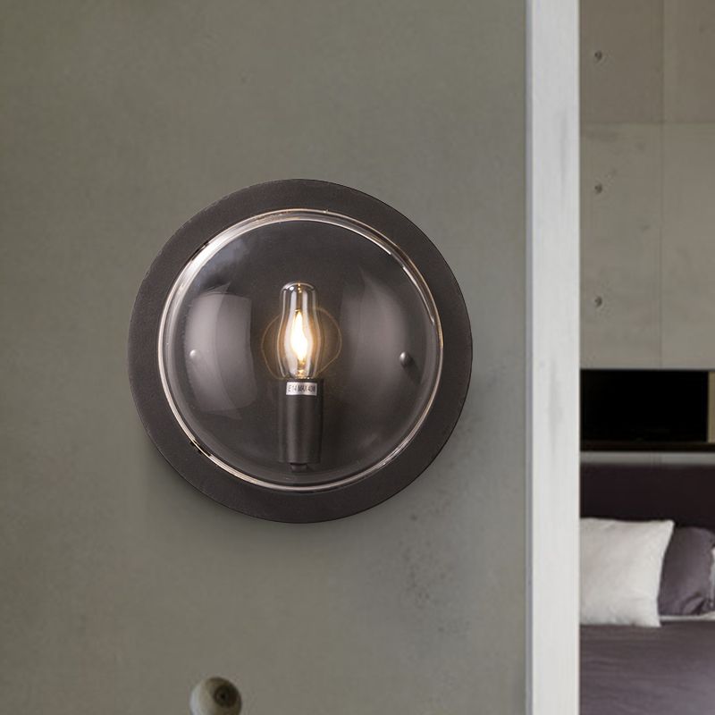 Metal Drum Flush Mount Lighting Retro 1 Light Living Room Wall Sconce Lamp in Black with Clear Glass Shade