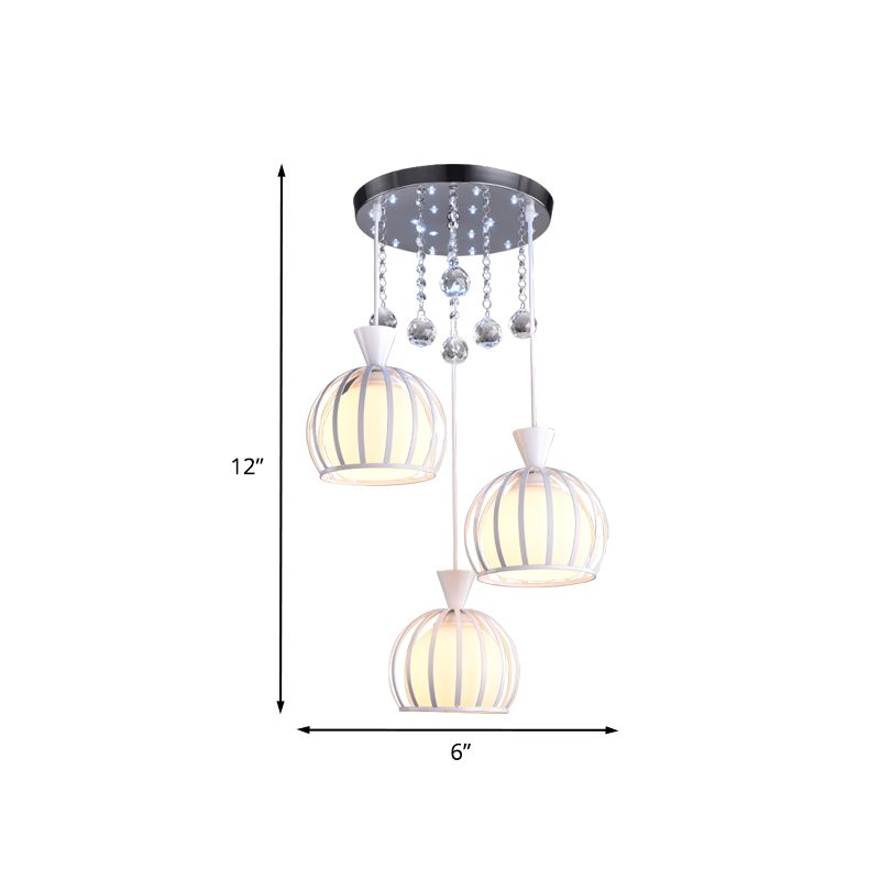 Cage en dôme multi-pendentif MODERNE Iron 3 têtes de finition blanche Lumière suspension avec une teinte en verre d'opale intérieure