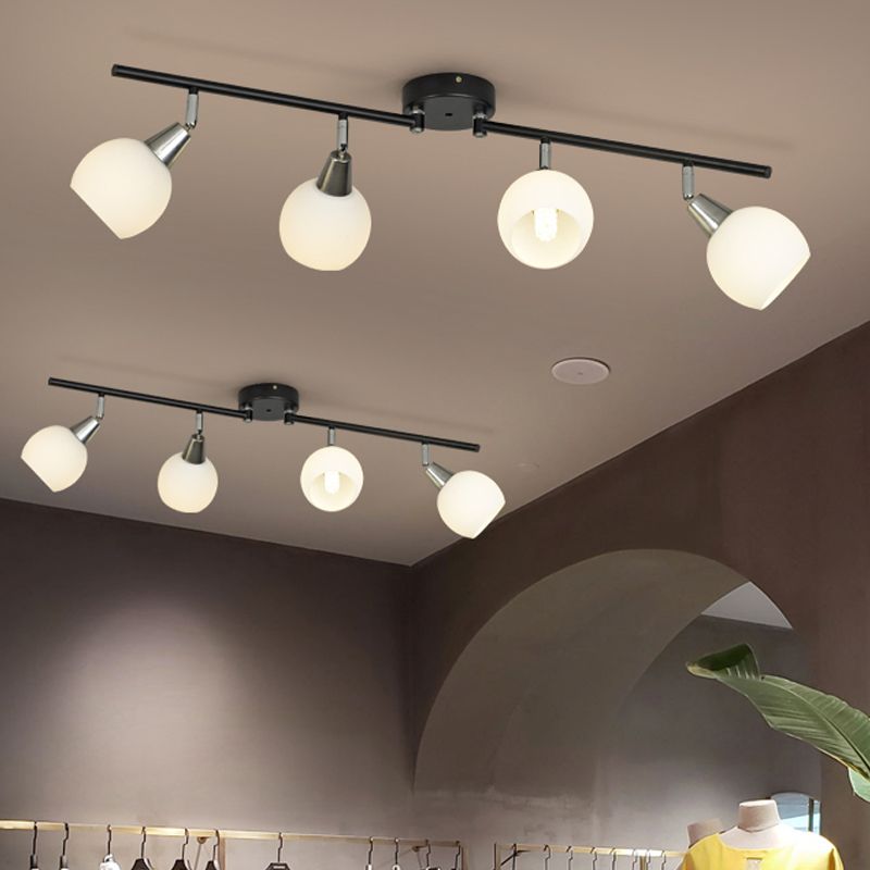 4/6 Lights Linear Adjustable Semi Flush Industrial Black/White Iron Flush Chandelier with Dome Glass Shade