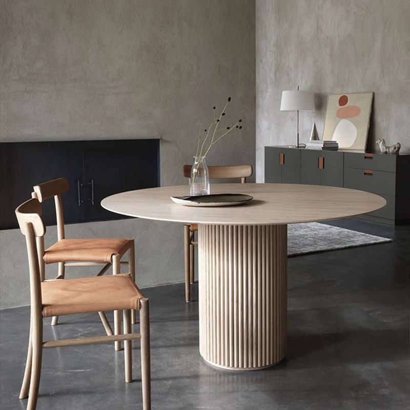 Round Pedestal Modern Dining Table Brown Tone Fixed Table with Pinewood Solid Wood