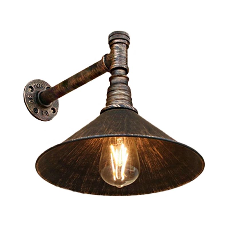 Antique Brass Cone Wall Sconce Farmhouse Style Metallic 1 Head Dining Room Wall Lighting Fixture with Pipe