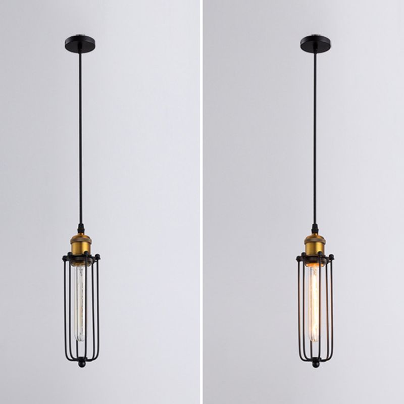 Vintage Industrial Cylindrical Wire Cage Pendant Light Black Metal Suspension Light for Living Room