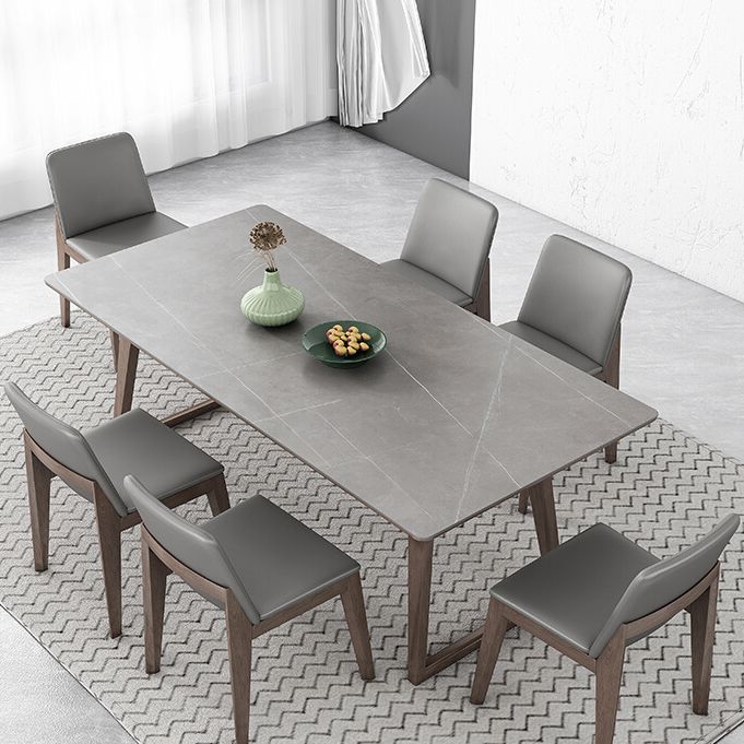 Mid-Century Modern Dining Table Gray Sintered Stone Dining Table with Wood Base