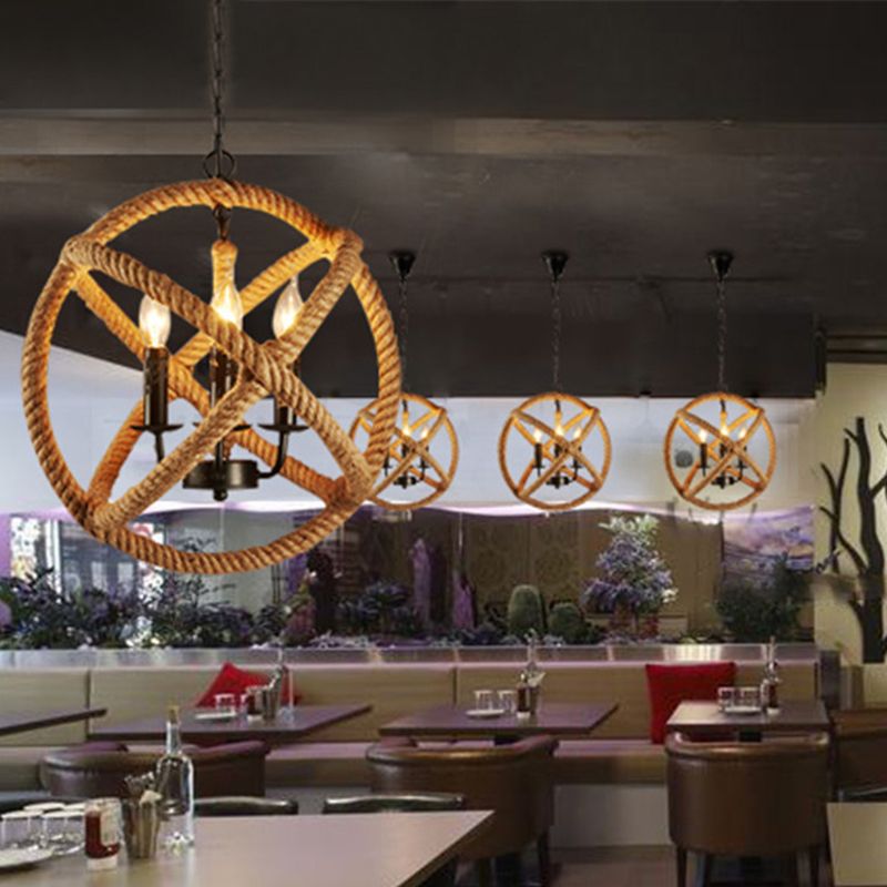 3 Bulbs Globe Cage Chandelier Light Factory Beige Natural Rope Hanging Lamp Kit with Candle Design