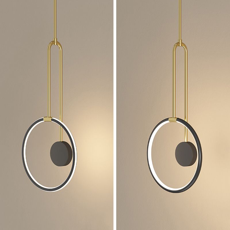 Circular LED Hanging Light Fixture Minimalism Metal Black-Gold Drop Pendant for Bedroom