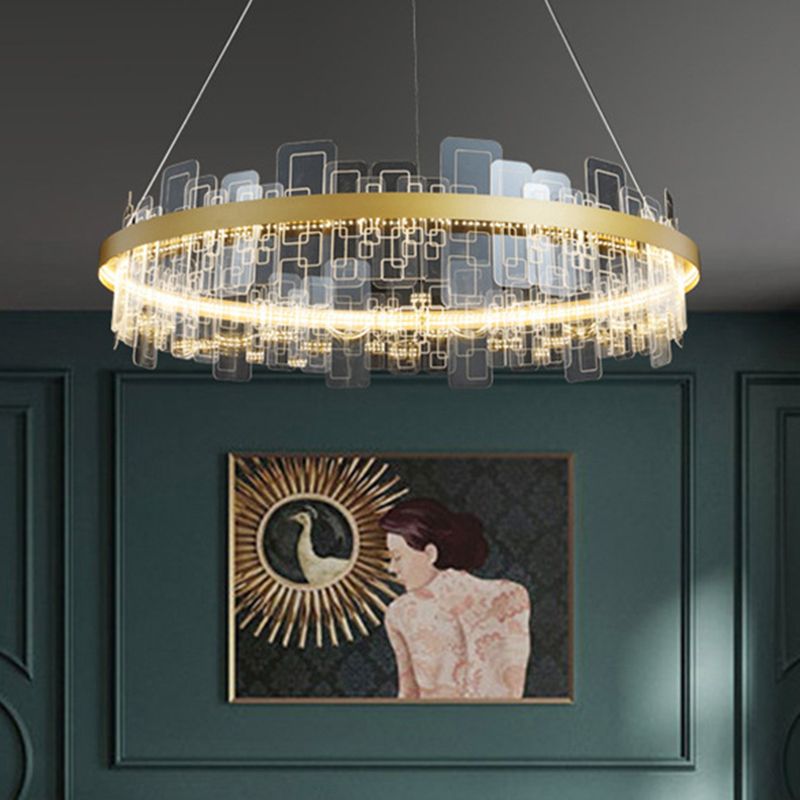 Lampadario a led metropolitano minimalista in anello oro acrilico appeso a sospensione per soggiorno