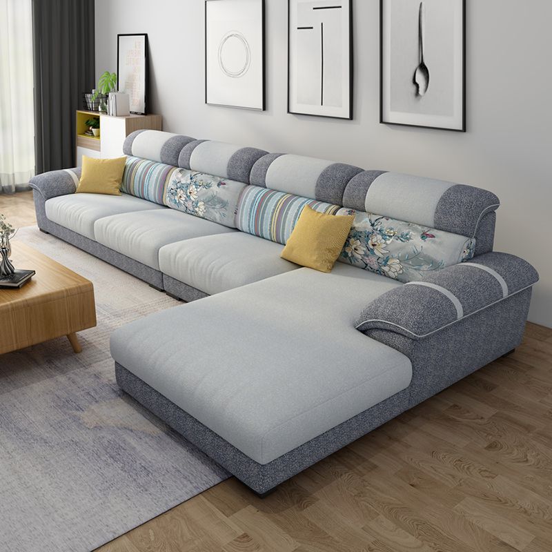 Cushion Back Contemporary Chaise Cotton 4-Seater Modular Sofa
