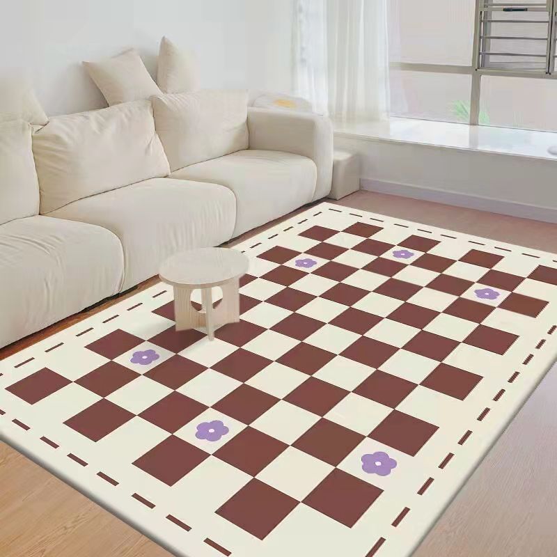 Black Modern Rug Polyester Check Pattern Rug Washable Rug for Living Room