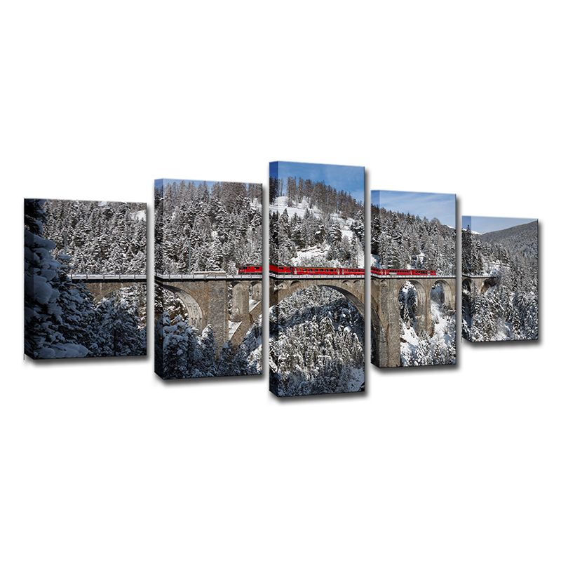 Grey Snowy Mountain Forest Art Print Viaduct Modern Multi-Piece Wall Decor for Home
