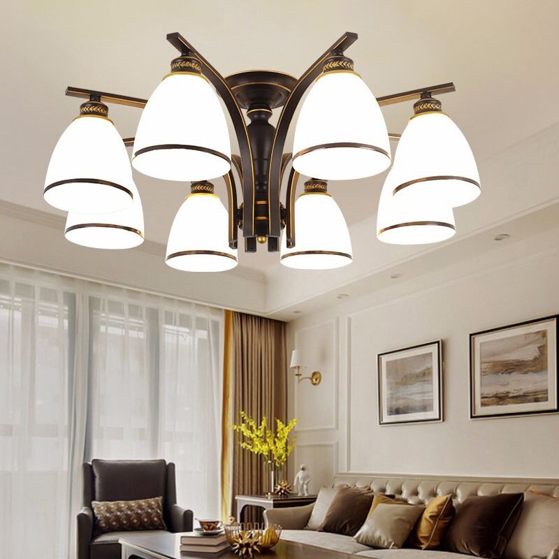 Minimalist Bell Shape Ceiling Light Cream Glass Semi Flush Light in Black for Dining Room