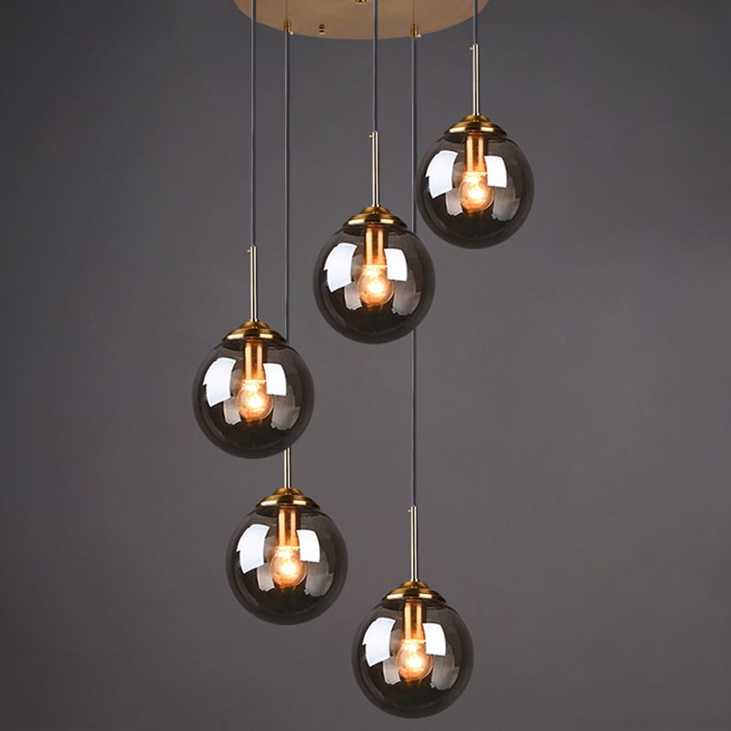 Brass Finish Cluster Ball Pendant Post-Modern 5 Bulbs Glass Suspended Lighting Fixture