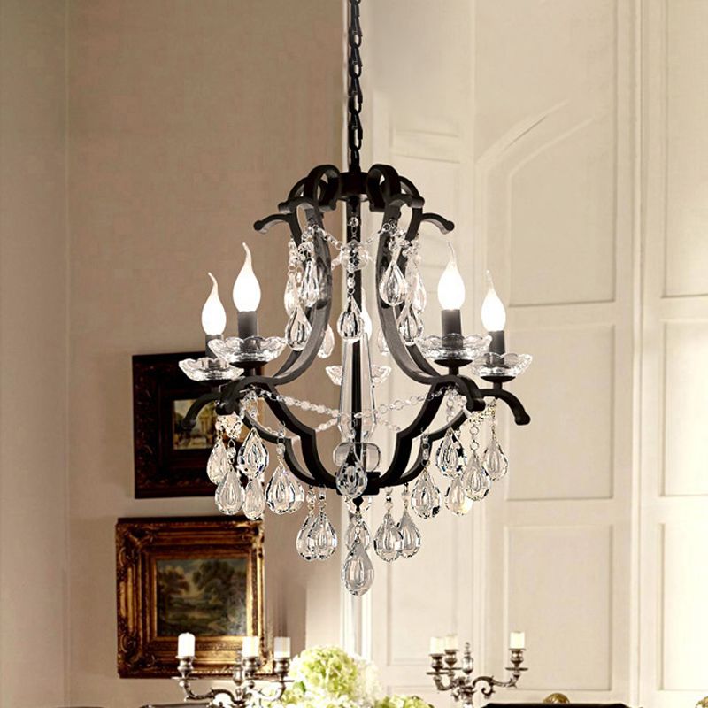 Metallic Black Pendant Chandelier Scroll Arm 5/6-Head Traditional Hanging Ceiling Light with Crystal Drop