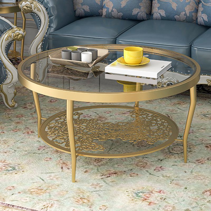 Contemporary Round Glass Top Coffee Table with Iron 4 Legs and Shelf