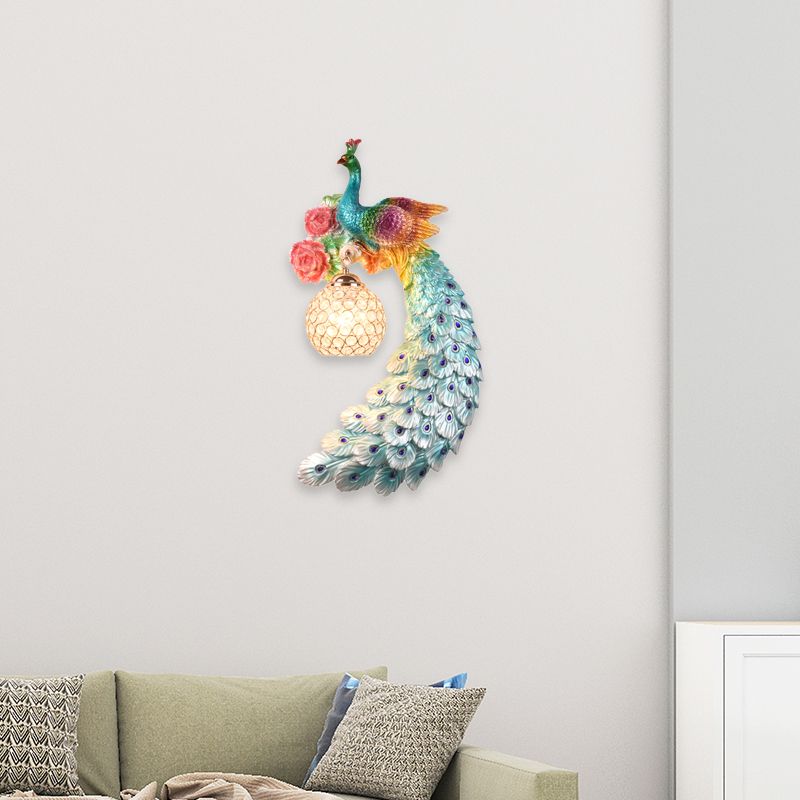 1/2-Pack Blue/Green Peacock Wall Light Fixture 8"/10" Wide 1 Head Retro Style Resin Wall Lamp with Crystal Global Shade, Left/Right