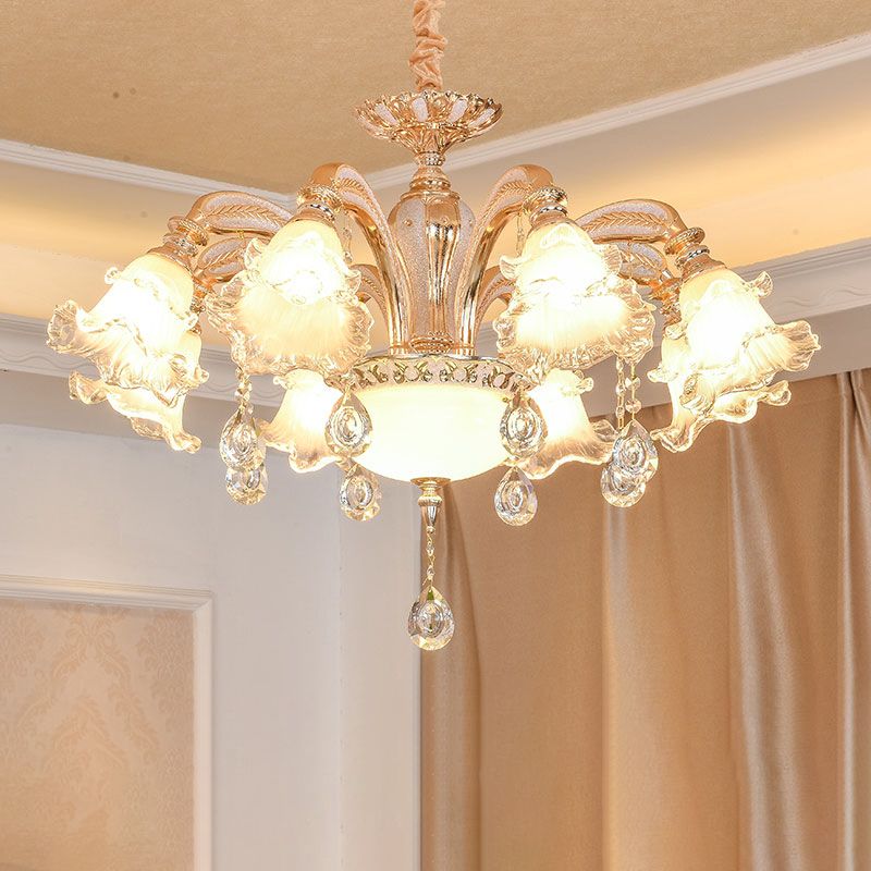 Ribbed Glass Ruffled Flower Suspension Light Retro Living Room Chandelier Light with Crystal Draping in Gold