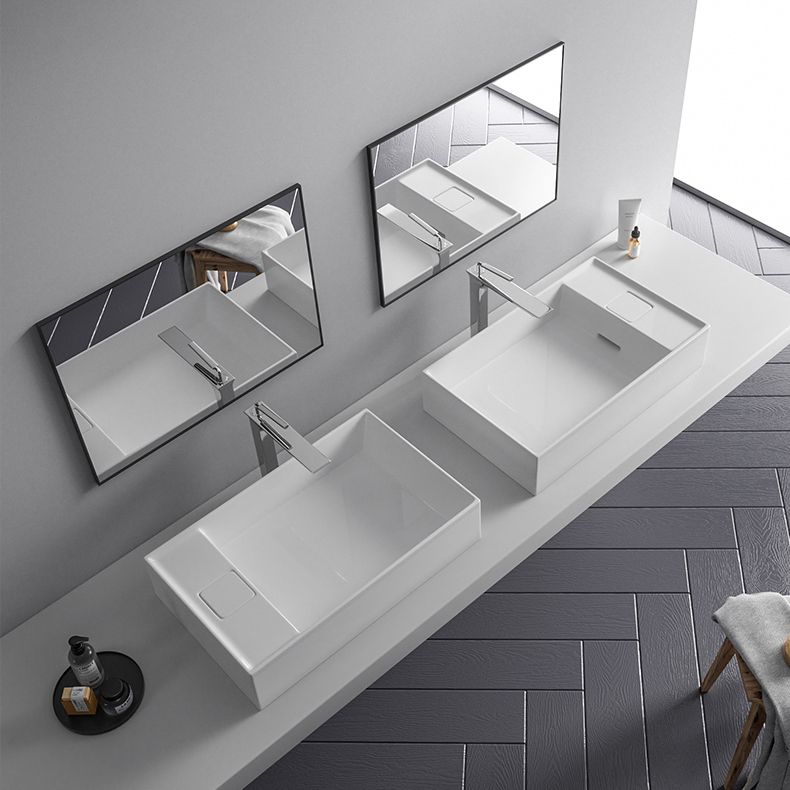 Modern Vessel Bathroom Sink Rectangular Porcelain with Overflow and Faucet Basin Sink
