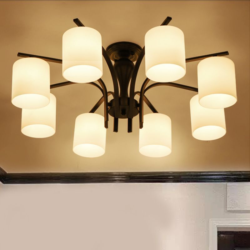 3/5/6 Lights Semi Flush Mount Traditional Cylinder Frosted Glass Ceiling Light in Black for Bedroom