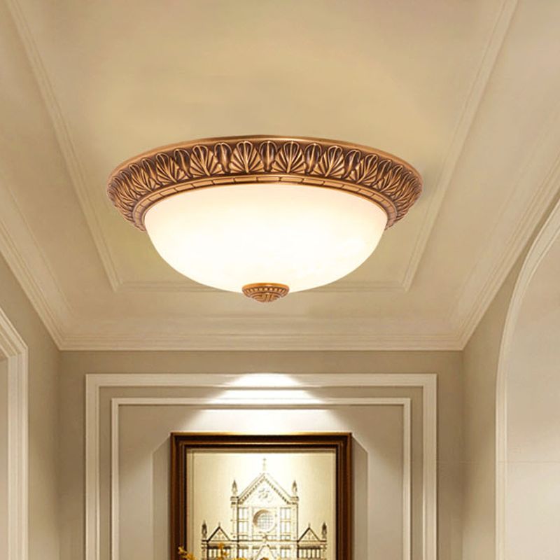 Cream Glass Bronze Flush Mount Light Flower/Leaf/Floral-Trimmed Bowl Traditional LED Ceiling Light Fixture, 12"/16" W