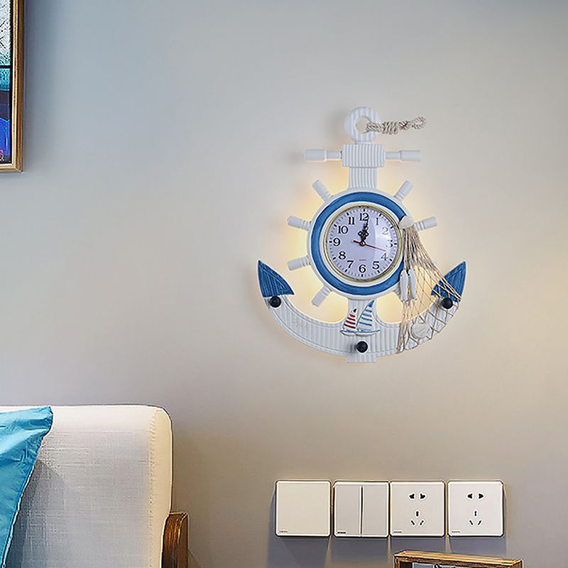 Metal Anchor Wall Sconce Light Children Style LED White Wall Mounted Lamp with Clock Design in Warm/White Light