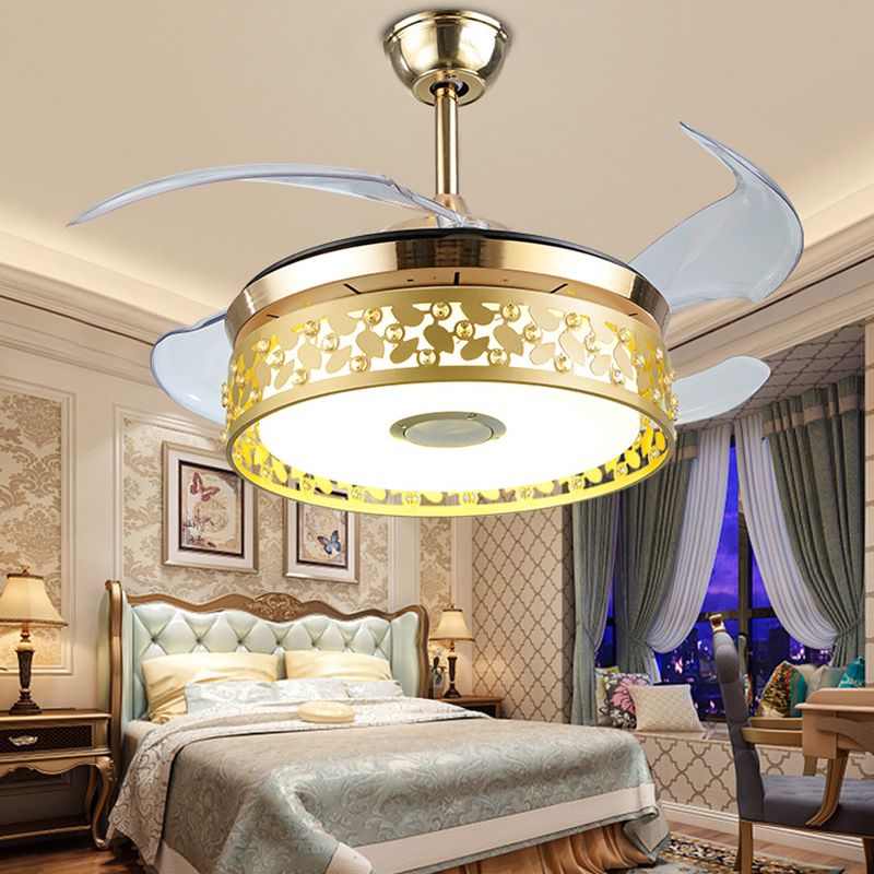 Luz de ventilador de colgante circular hueco de metal nórdico de 19 "de ancho de lámpara de oro de led de ancho de 19", 4 cuchillas