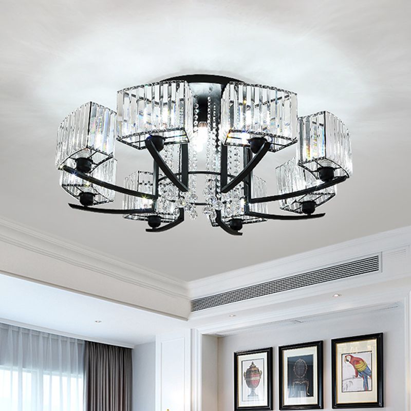 Round Living Room Ceiling Lamp Retro Crystal Block Black Semi Flush Mount Lighting