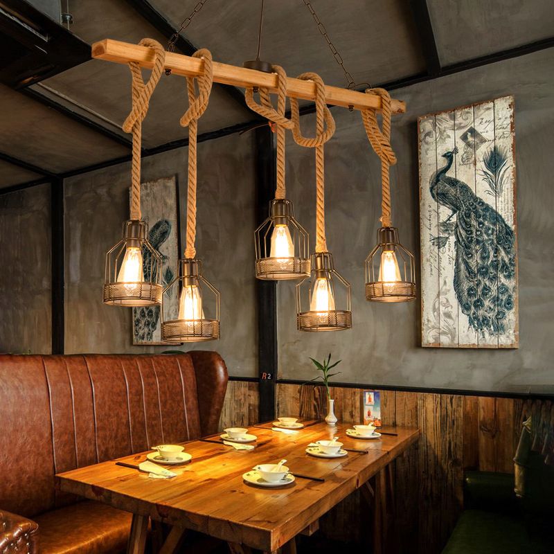 3 / 5 - Light Kitchen Island Fixture Wood and Iron Ceiling Lighting with Hemp Rope