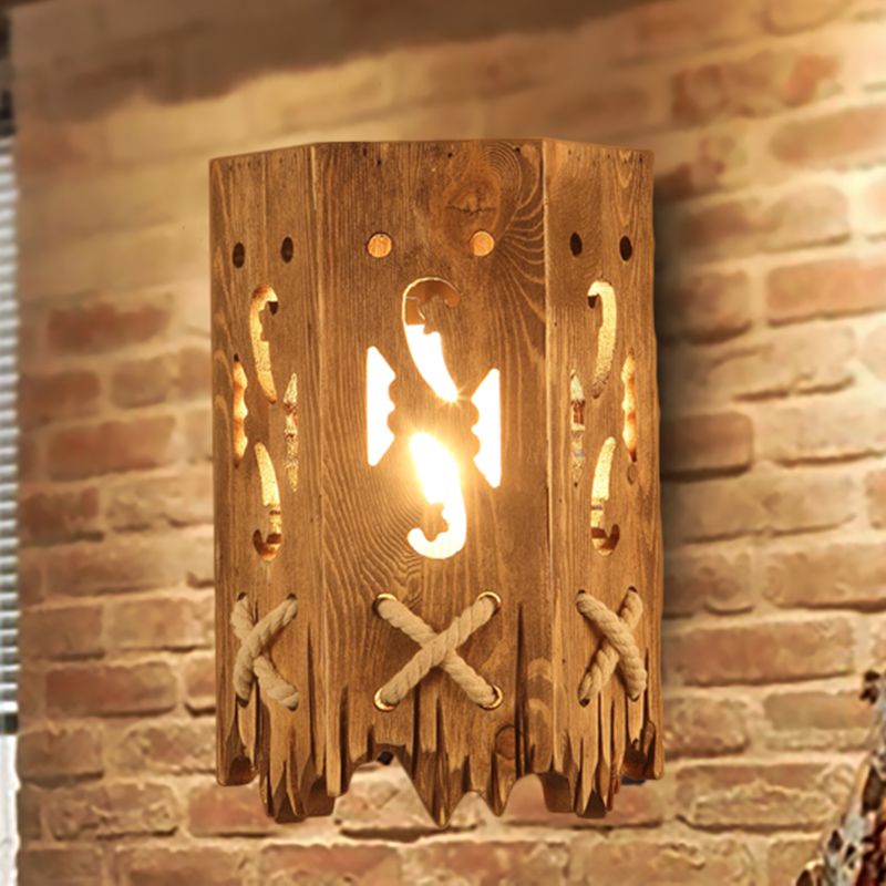 Wood Cylinder Shade Wall Lamp Country Stylish 1 Head Brown Wall Sconce Fixture for Restaurant