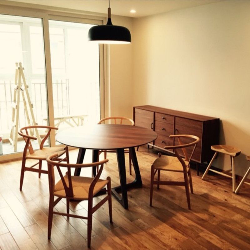 Round Double Pedestal Modern Table Fixed Table with Solid Wood