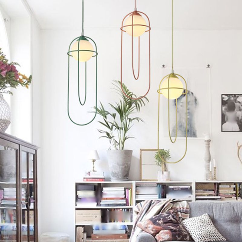 Glass Ball Pendant Light Macaron Style 1-Light Hanging Light with Cage