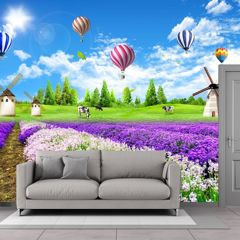 Whole Lavender Field Wall Murals Modern Enchanting Scenery Wall Art in Purple-Blue