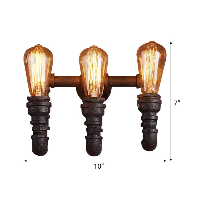 3 Lights Iron Wall Lamp Vintage Style Rust Water Pipe Stairway Wall Sconce Light with Exposed Bulb