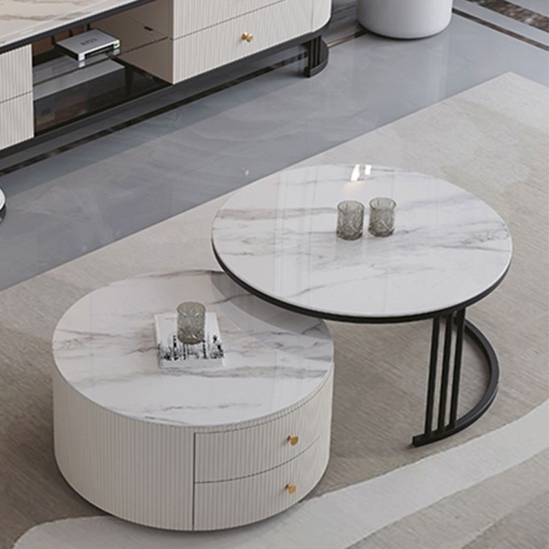 Frame Coffee Cocktail Table with Storage Drawers Round Slate Top