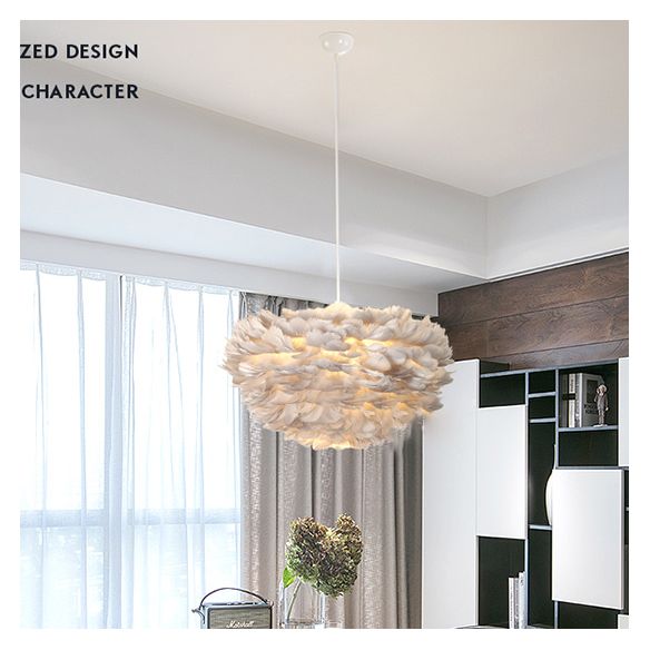 Shaded Bedroom Chandelier Light Fixture Feather Simplistic Ceiling Pendant Light