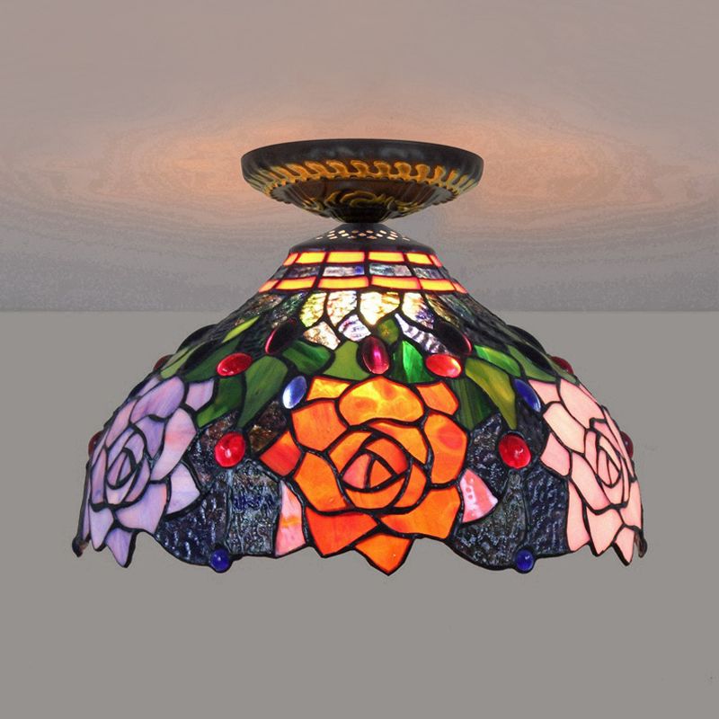 Rose Metal Ceiling Flush Mount Tiffany 12"/16" W 1 Head Brass Flush Mount Light Fixture