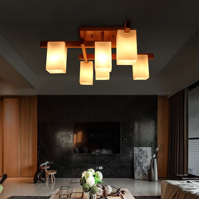 Lámpara de techo contemporánea de 6 luces, semiempotrada, cuboide, de vidrio blanco esmerilado, con brazo de madera