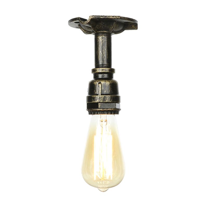 Vintage Pipe Ceiling Mounted Fixture 1 Light Metallic Semi Flush in Aged Silver/Antique Brass/Antique Bronze for Kitchen