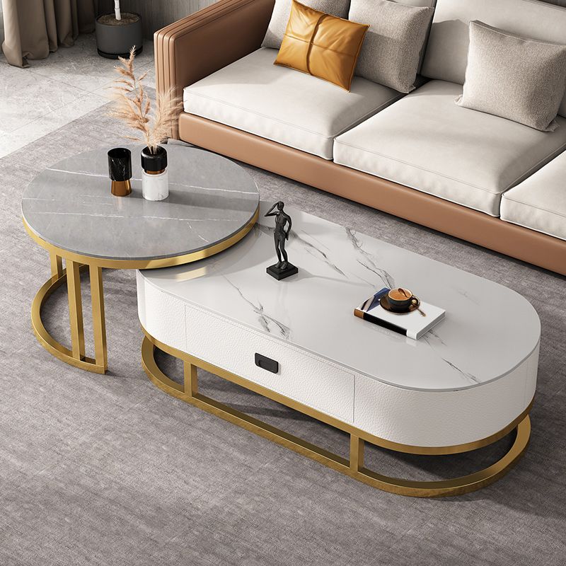 Slate Coffee Table Oval Nesting Coffee Table Set with Metal Legs