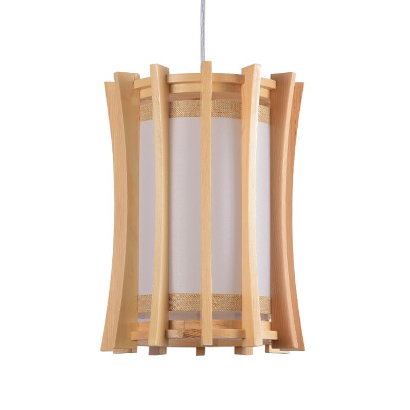 Cylindrical Pendant Light Fixture Asia PVC 1 Bulb Dinette Ceiling Lamp with Wood Cage in Beige