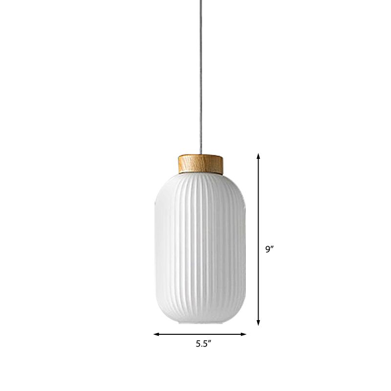 5.5"/8"/12" W Cylinder Pendant Light with Milk Glass Ribbed Shade Modern 1 Light Restaurant Ceiling Fixture in White