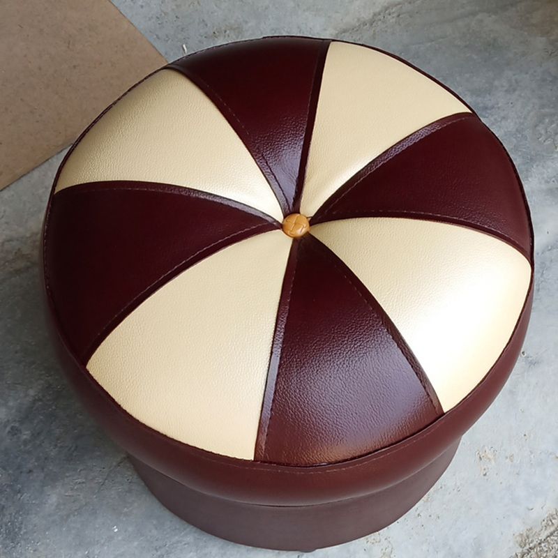 Mid-Century Modern Pouf Ottoman PU Leather Upholstered Tufted Patchwork Round Ottoman