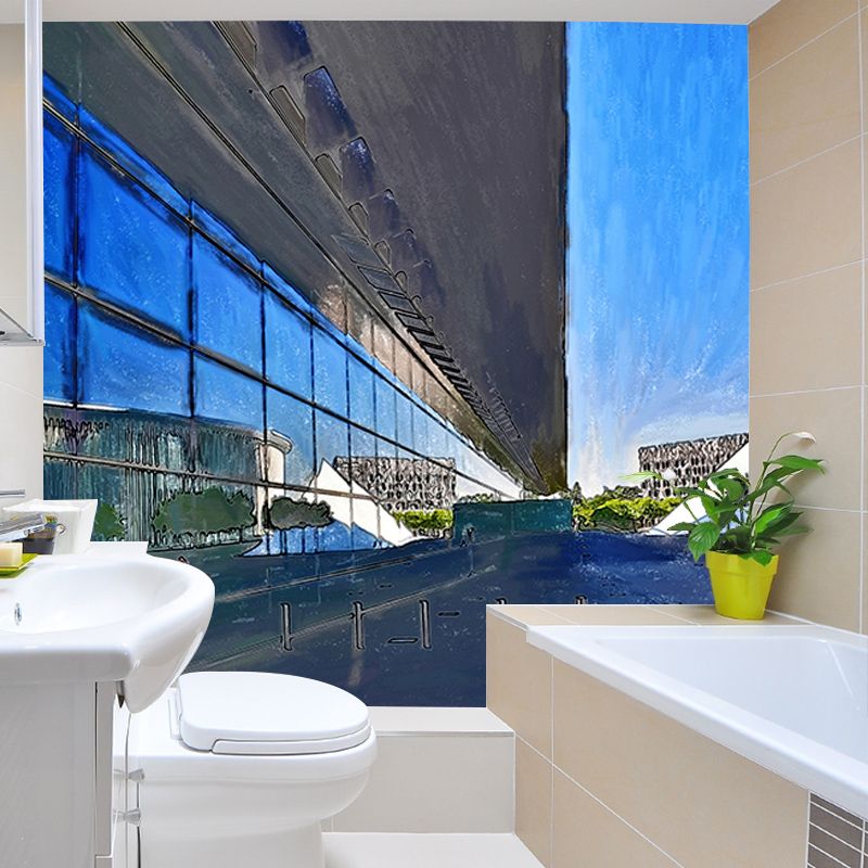 City Building Illustration Wall Mural Moisture Resistant Contemporary Bedroom Wall Covering