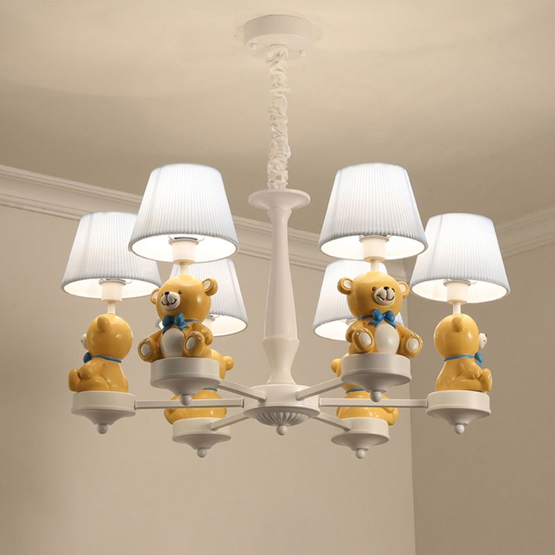 Bucket Chandelier Lighting Kids Pleated Fabric Child Room Pendant Light with Decorative Bear in White