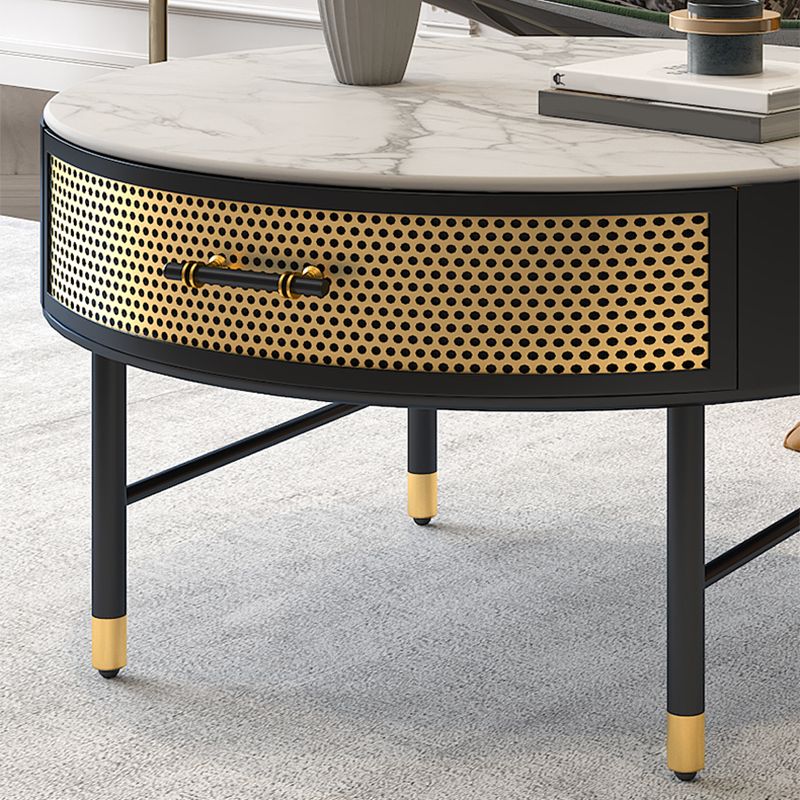 Glam 17.7" H Round Slate Coffee Table Iron 4 Legs Cocktail Table with Drawer