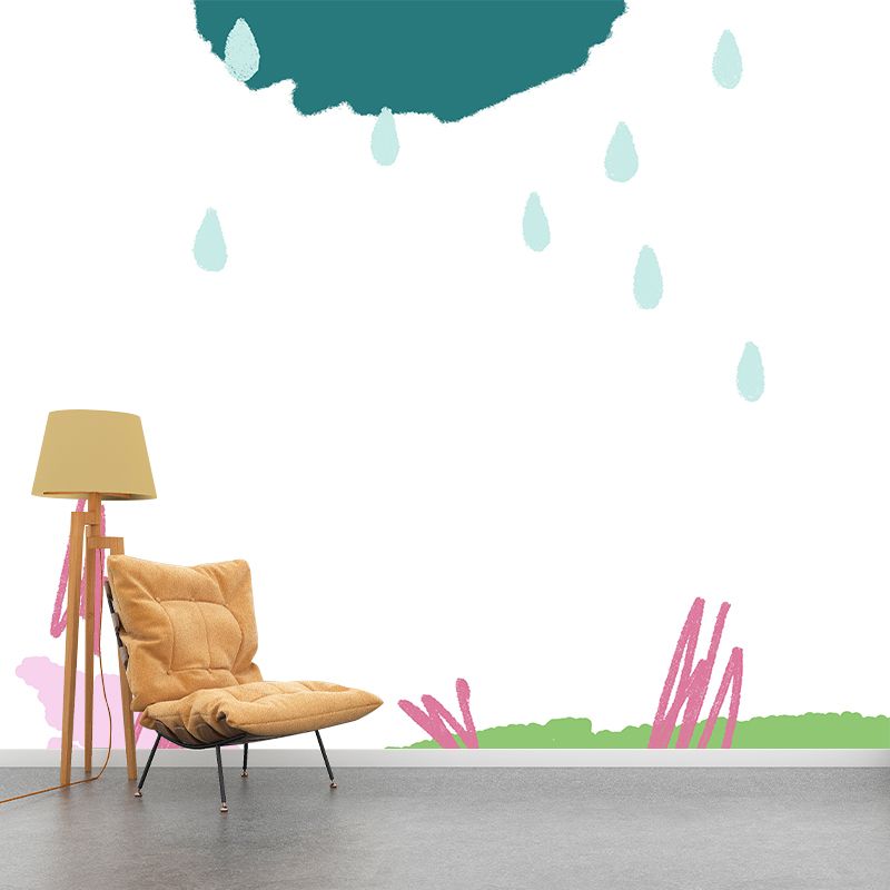 Huge Rainy Spring Scribble Mural Green Non-Woven Wall Covering, Waterproof, Optional Size