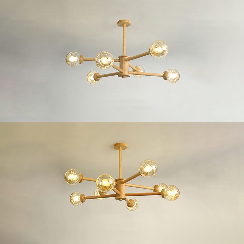 Globe Wood Chandelier Lighting Fixtures Modern Multi-Head Beige Chandelier Lamp with Glass Shade