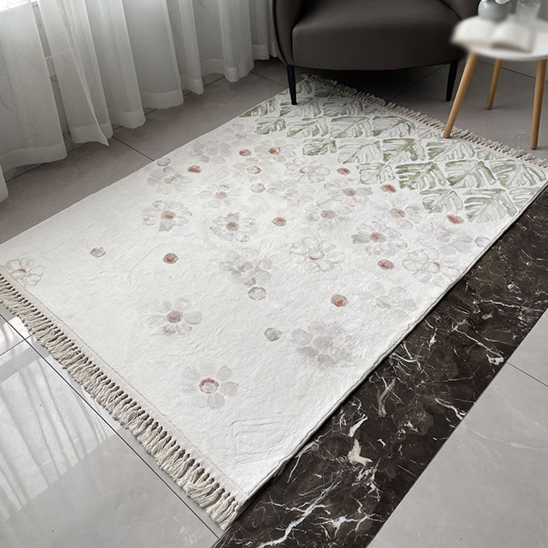White Area Rug Polyester Floral Pattern Rug Fringe Washable Area Carpet for Living Room
