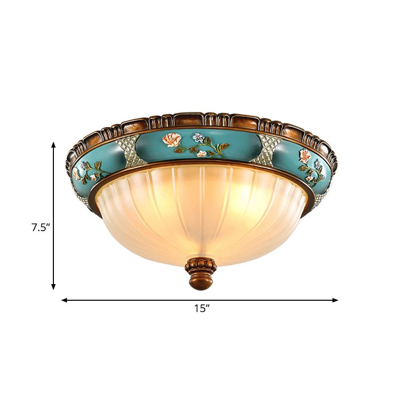 Green 3 Bulbs Ceiling Flush Light Retro Ribbed Glass Embossed Flower Hemispherical Flush Mount Lighting, 15"/19" Wide