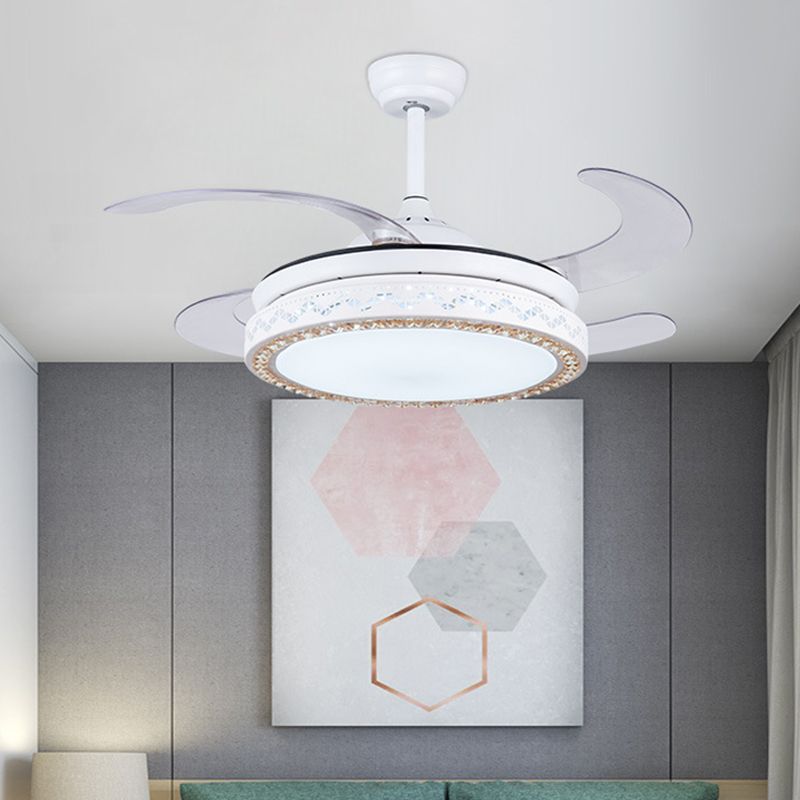 Ventilateur de suspension circulaire blanc moderniste acrylique 42 "W LED Salon Soump à chasse d'eau avec 4 lames, télécommande / mur / télécommande et contrôle mural
